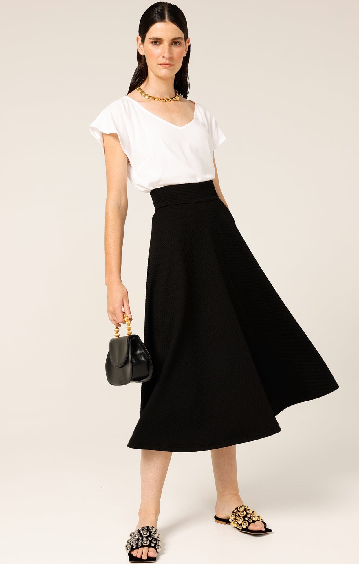 CHECKER MIDI SKIRT IN BLACK