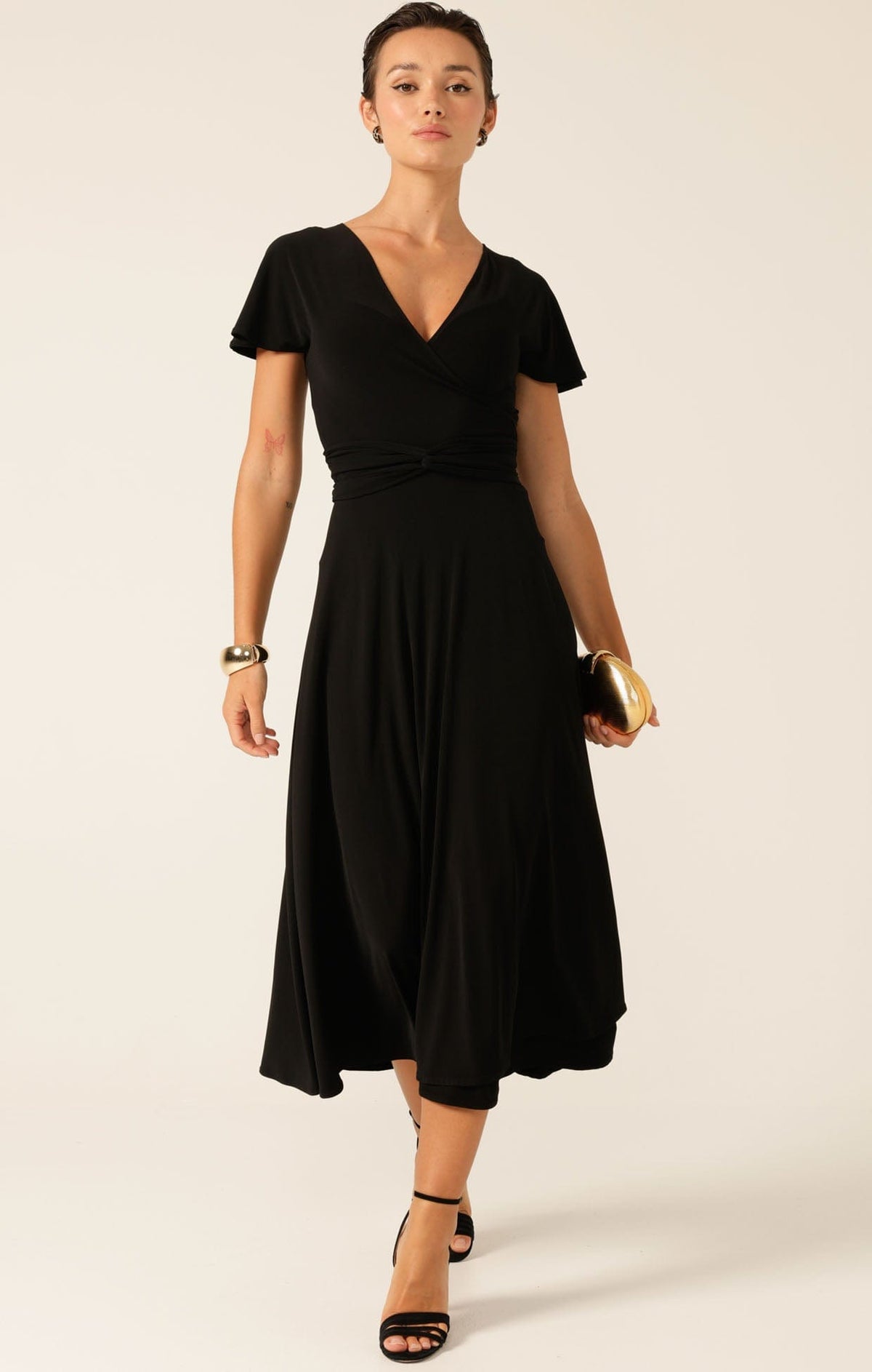 Dresses FLUTE SLEEVE REVERSE WRAP IN BLACK