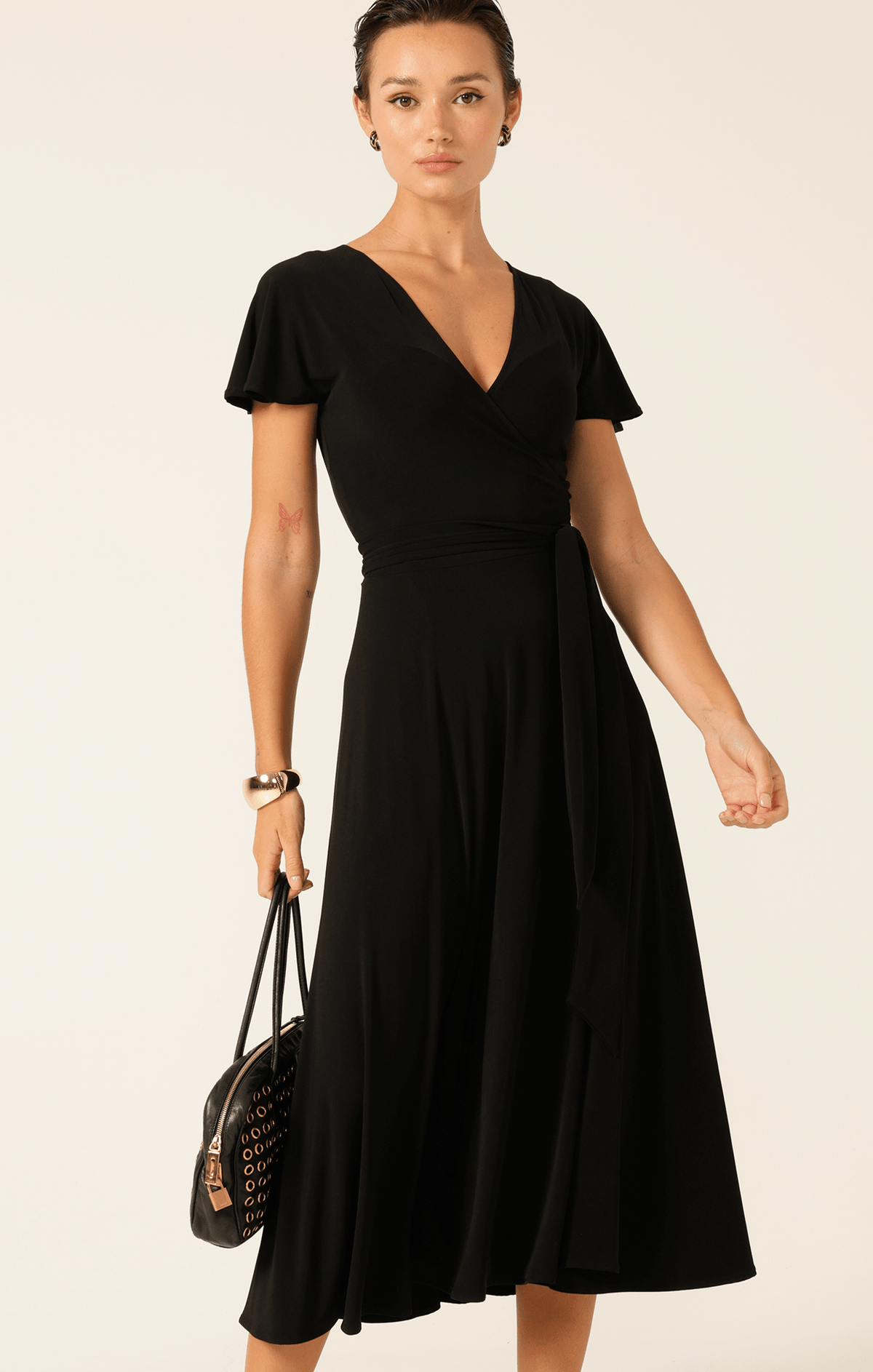 Dresses FLUTE SLEEVE REVERSE WRAP IN BLACK