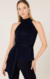 Tops Multi Occasion HIGH NECK TIE TOP IN NAVY