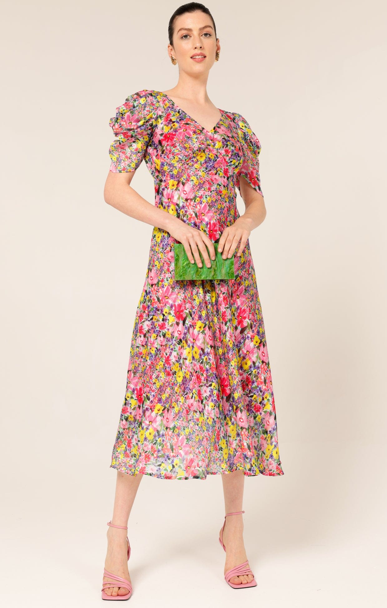 Dresses Events NEW BLOOMS MIDI IN PINK MULTI FLORAL