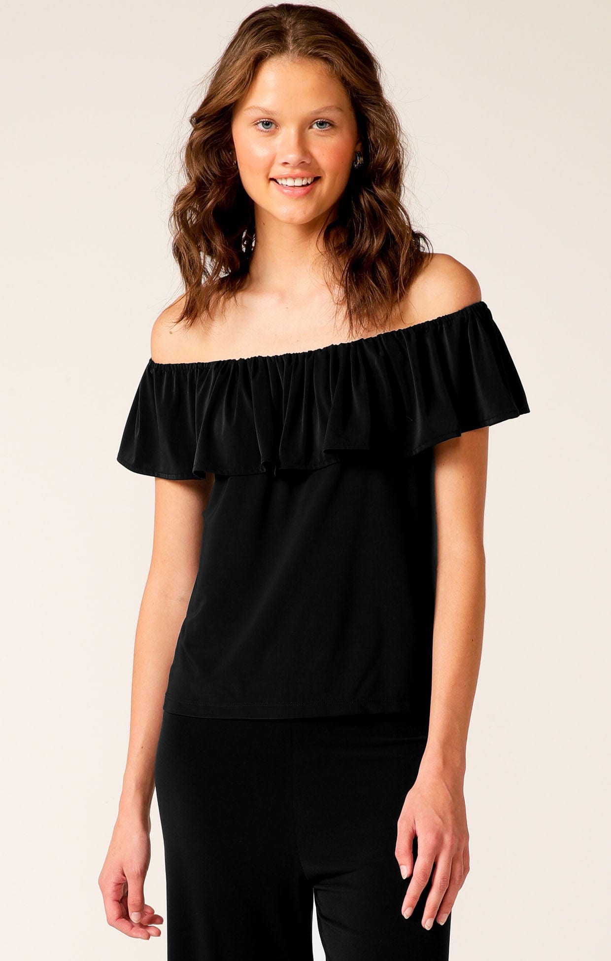 Tops Multi Occasion OFF SHOULDER FRILL TOP IN BLACK