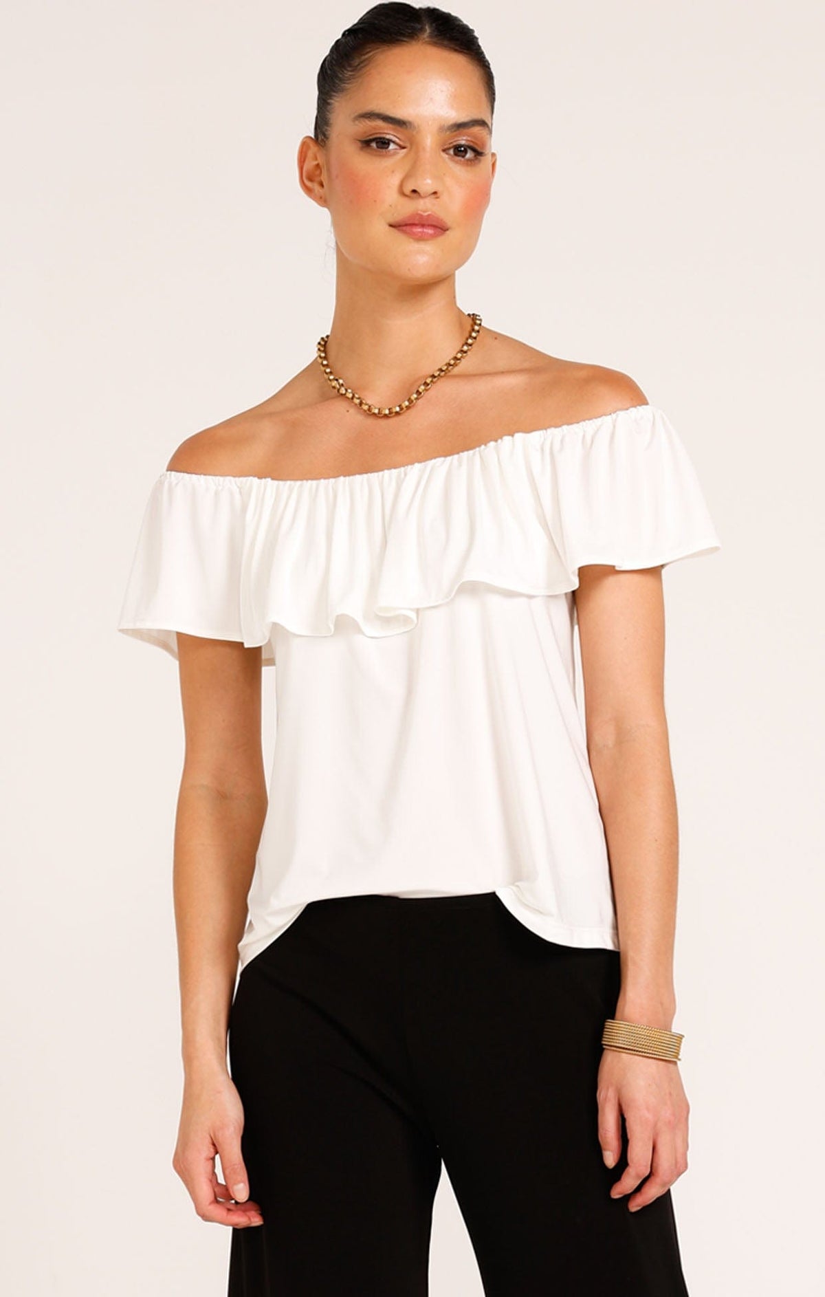 Tops Multi Occasion OFF SHOULDER FRILL TOP IN IVORY