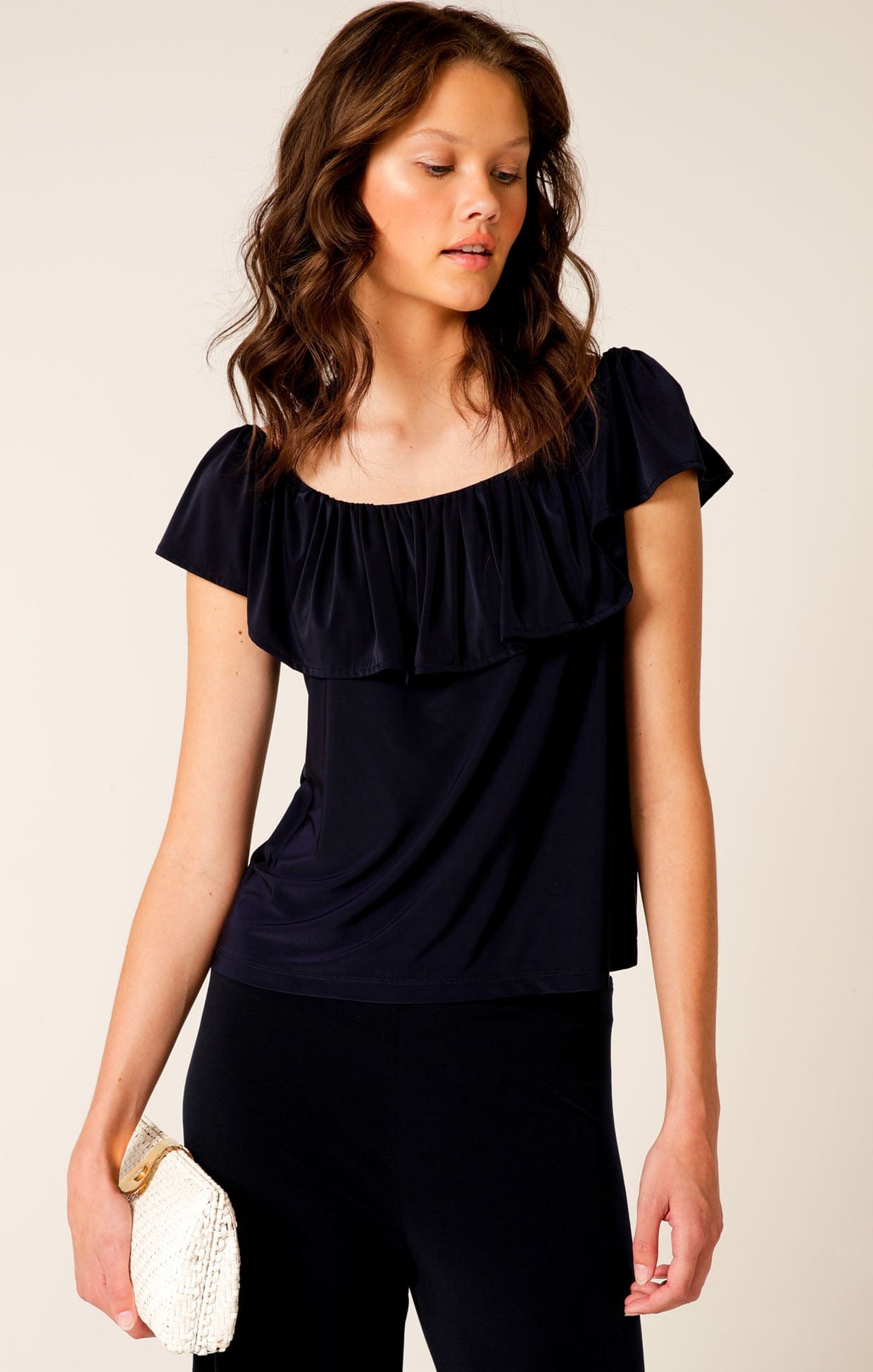 Tops Multi Occasion OFF SHOULDER FRILL TOP IN NAVY