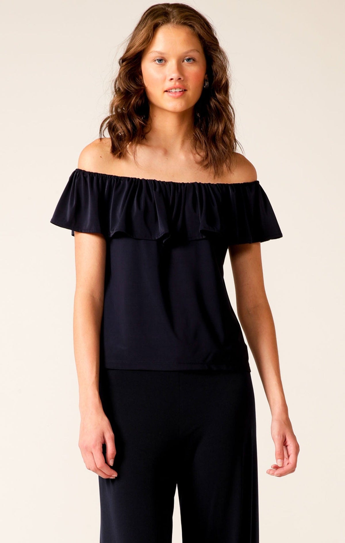 Tops Multi Occasion OFF SHOULDER FRILL TOP IN NAVY