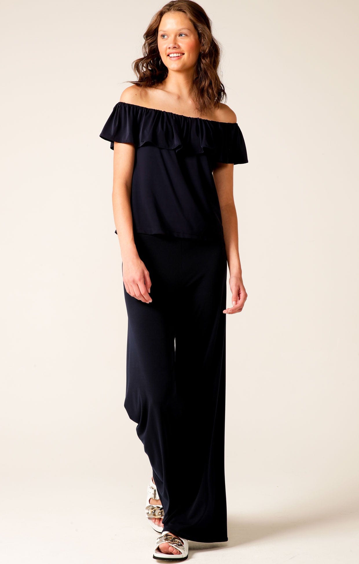 Tops Multi Occasion OFF SHOULDER FRILL TOP IN NAVY