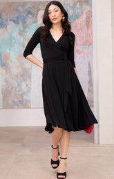 3/4 SLEEVE REVERSE WRAP MIDI DRESS IN BLACK