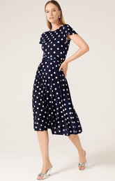 Dresses Multi Occasion REVERSE WRAP MIDI DRESS IN NAVY SPOT