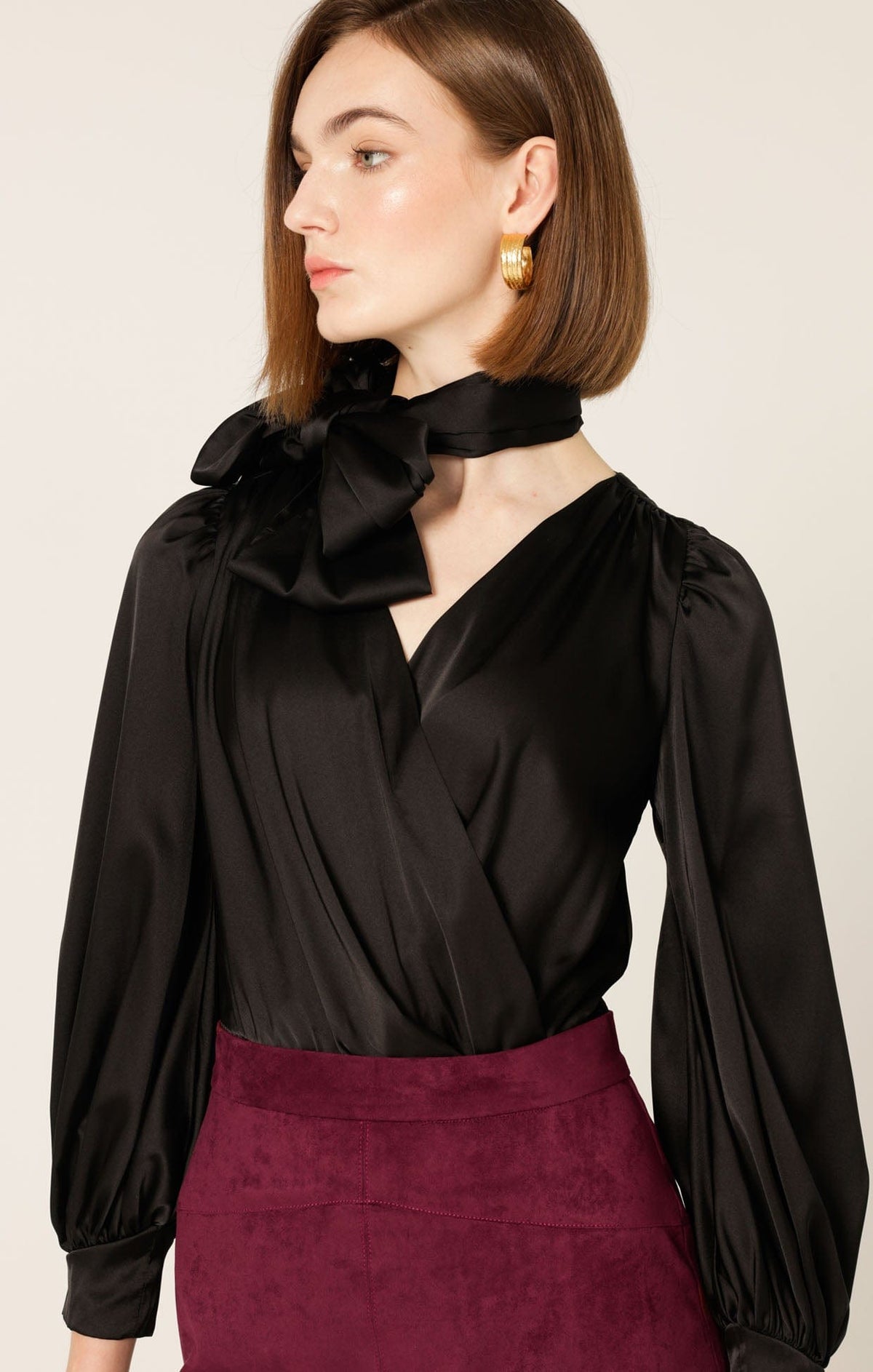 Tops Multi Occasion SATIN FAUX WRAP TOP IN BLACK