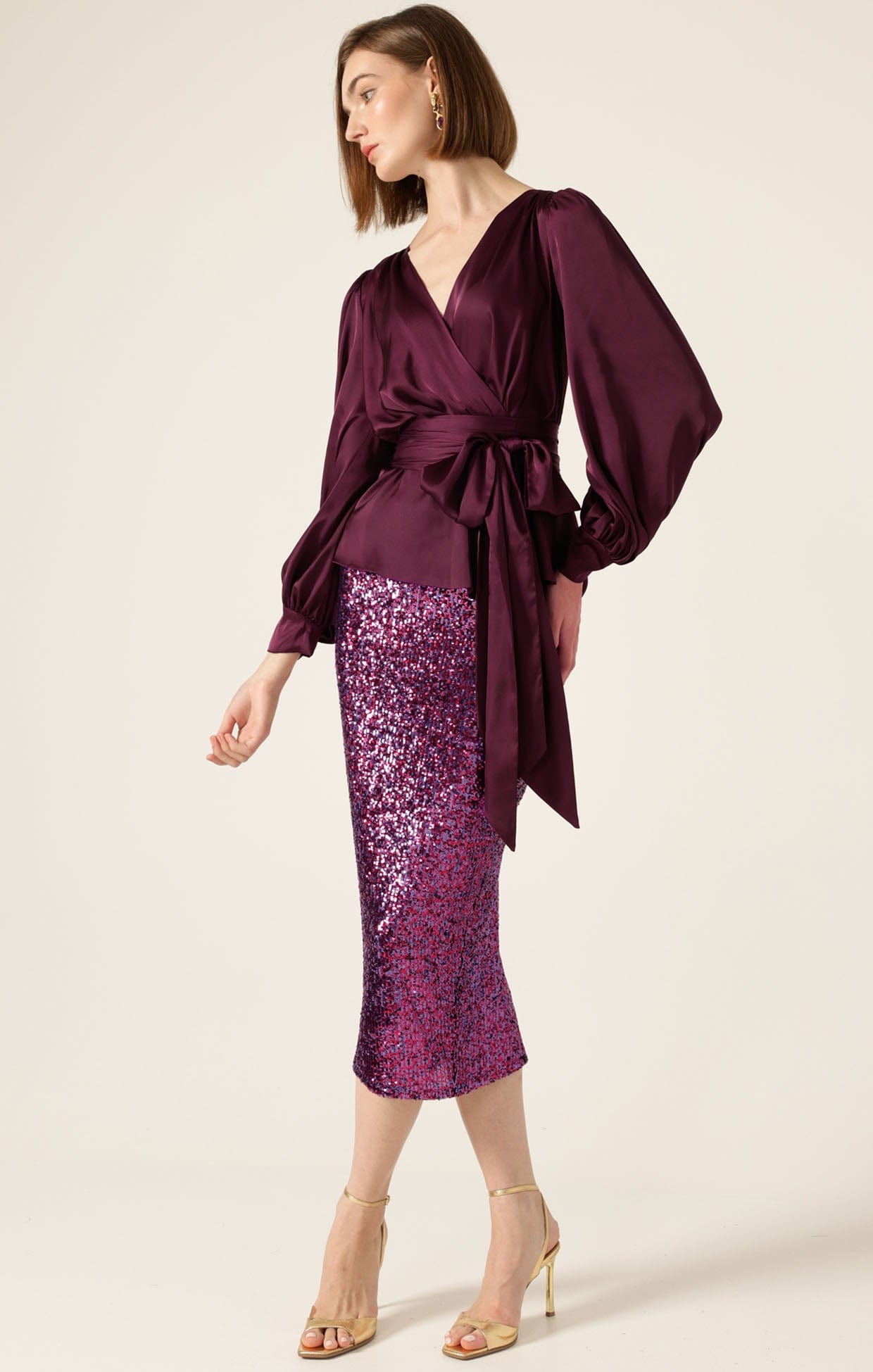 Tops Multi Occasion SATIN FAUX WRAP TOP IN CHERRY