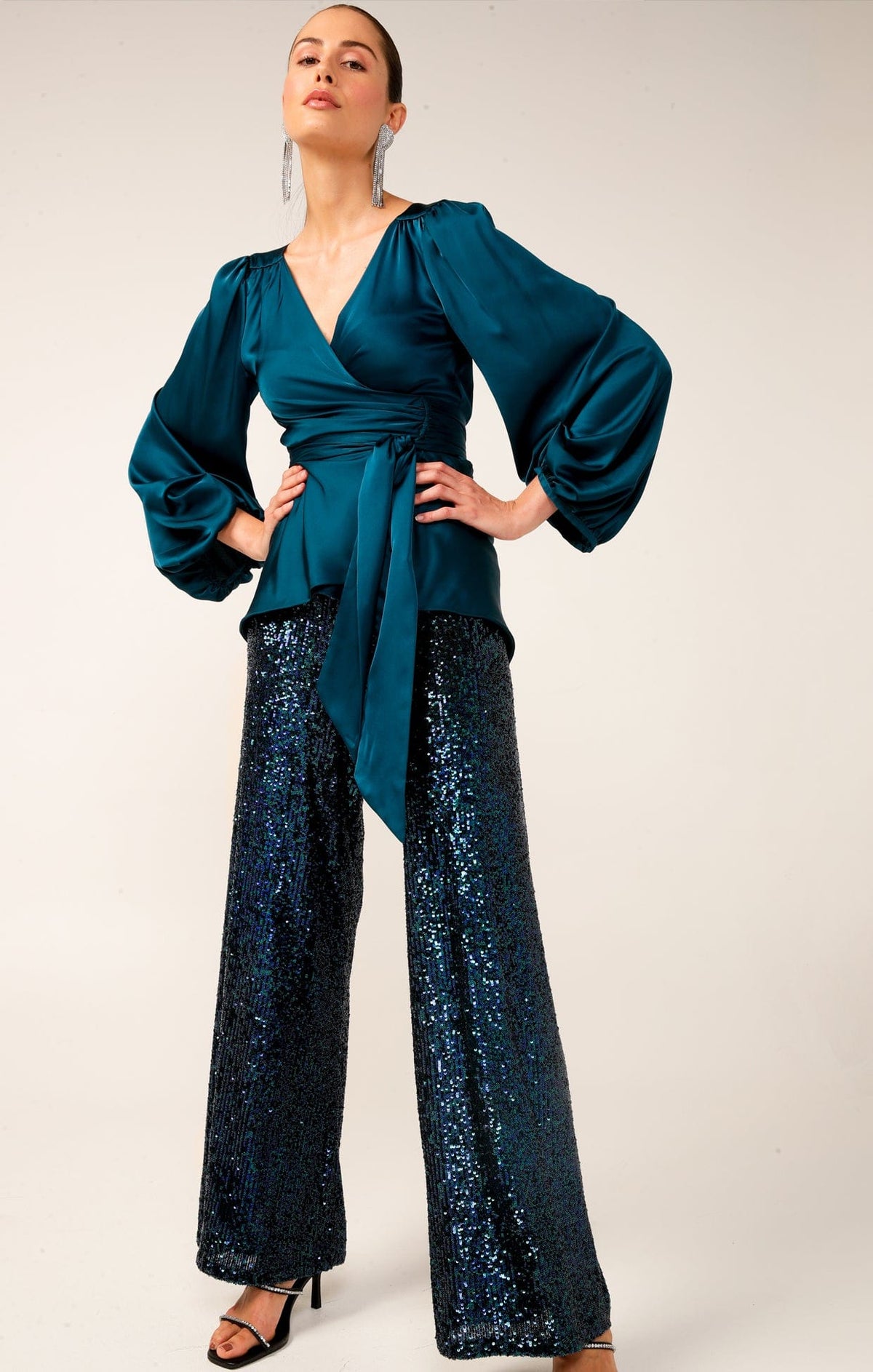 Pants Events SEQUIN PALAZZO PANT IN PEACOCK