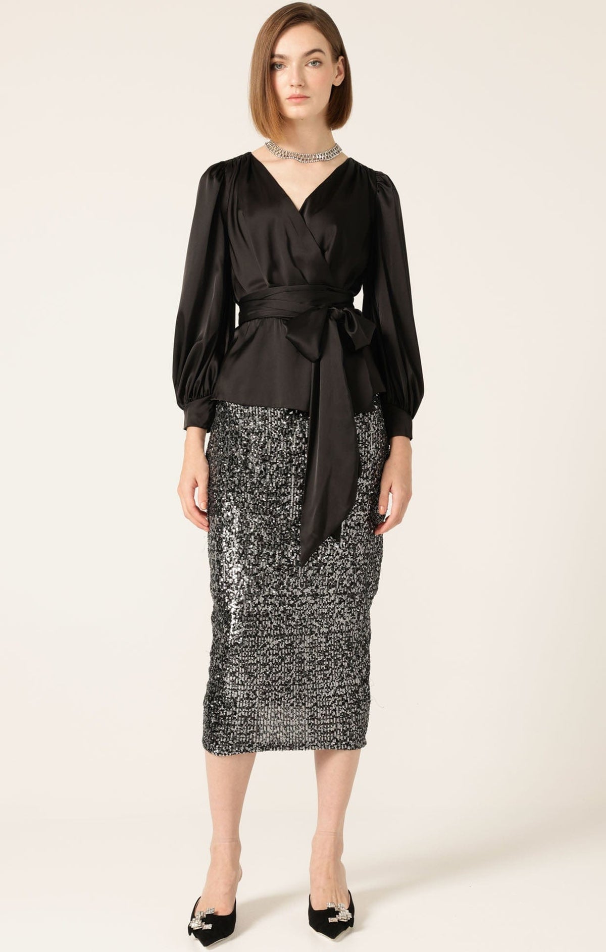 Skirts Events SEQUIN PENCIL SKIRT IN BLACK SILVER
