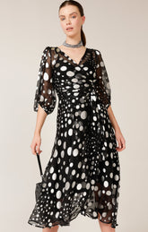 Dresses Events WONDERLAND WRAP DRESS IN BLACK SILVER SPOT